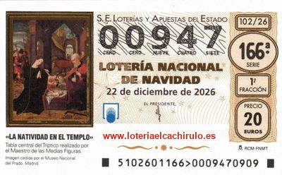 Anverso del décimo 00947 de la Lotería de Navidad 2026, de L'Ametlla del Vallès (Barcelona)